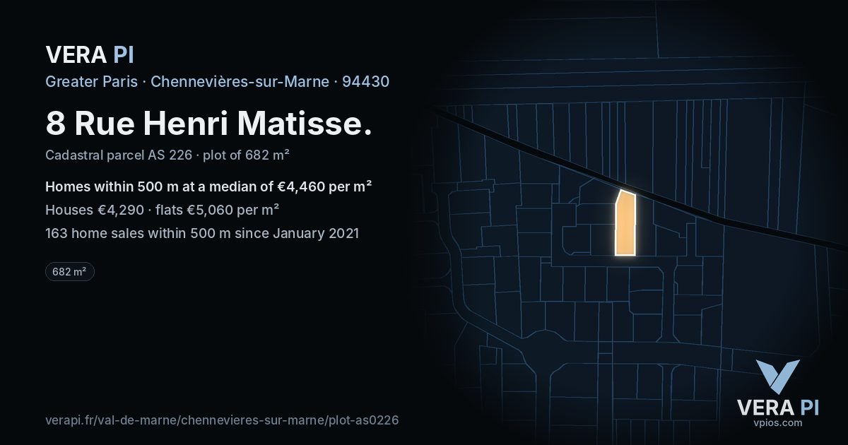 8 Rue Henri Matisse, Chennevières-sur-Marne at night – the plot lit, the parcels around coloured by the prices near them