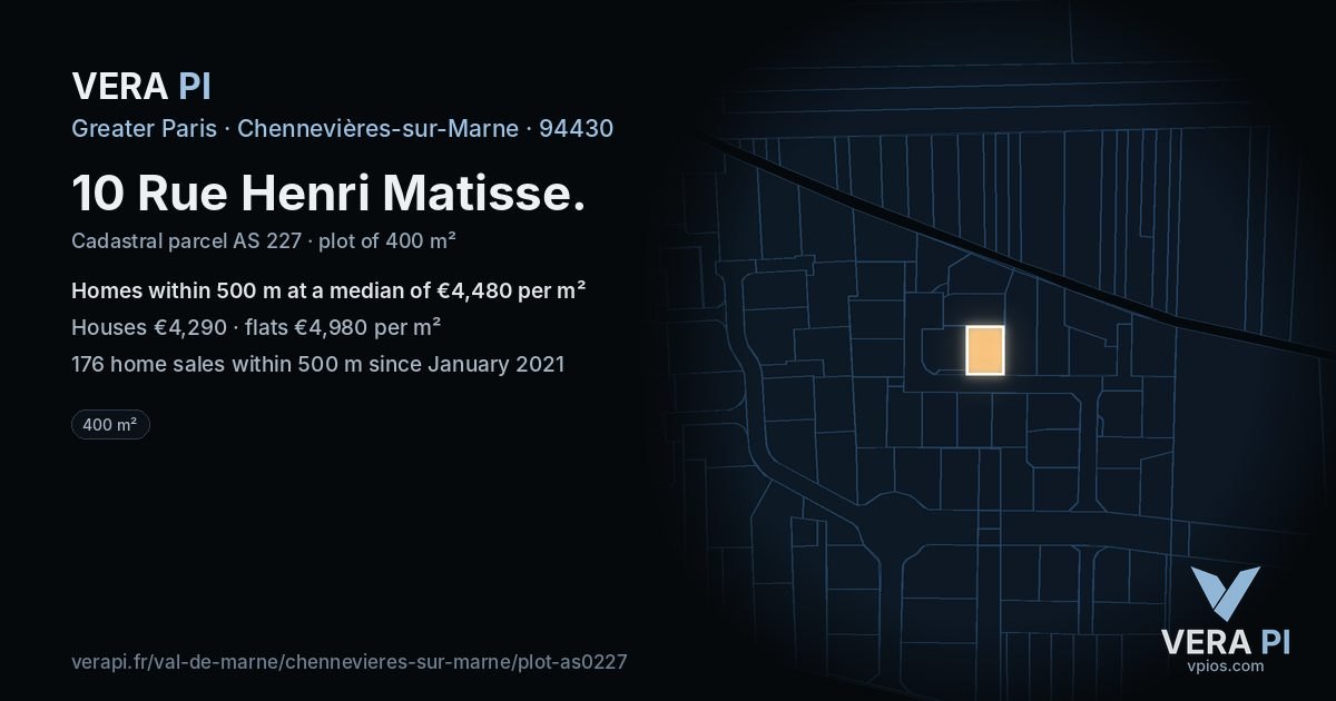 10 Rue Henri Matisse, Chennevières-sur-Marne at night – the plot lit, the parcels around coloured by the prices near them
