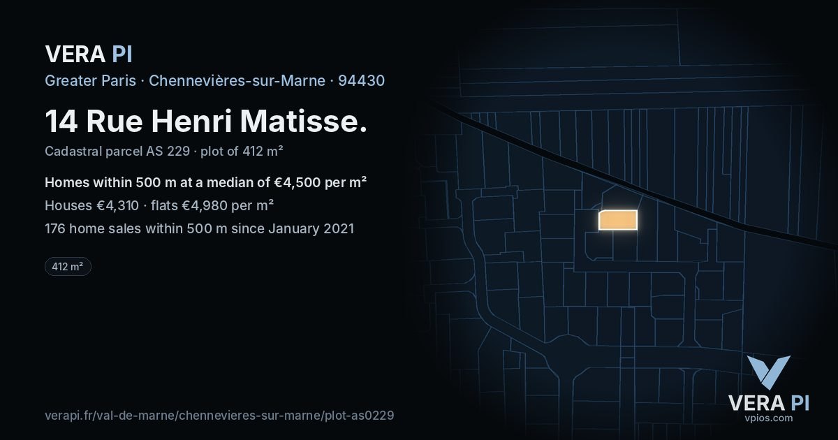 14 Rue Henri Matisse, Chennevières-sur-Marne at night – the plot lit, the parcels around coloured by the prices near them