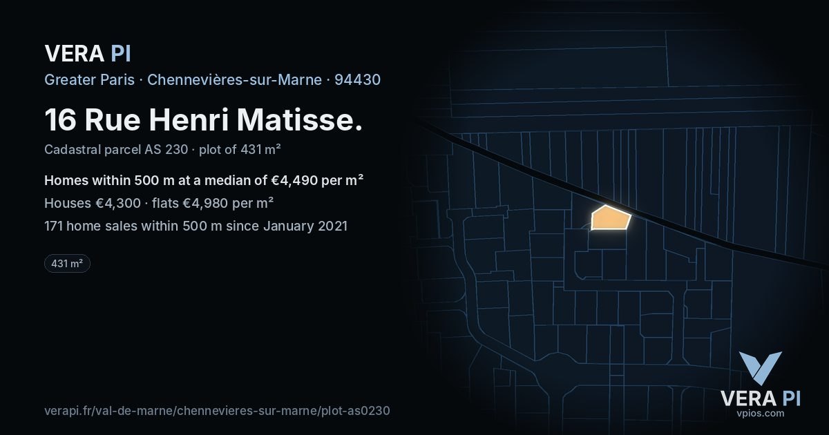 16 Rue Henri Matisse, Chennevières-sur-Marne at night – the plot lit, the parcels around coloured by the prices near them
