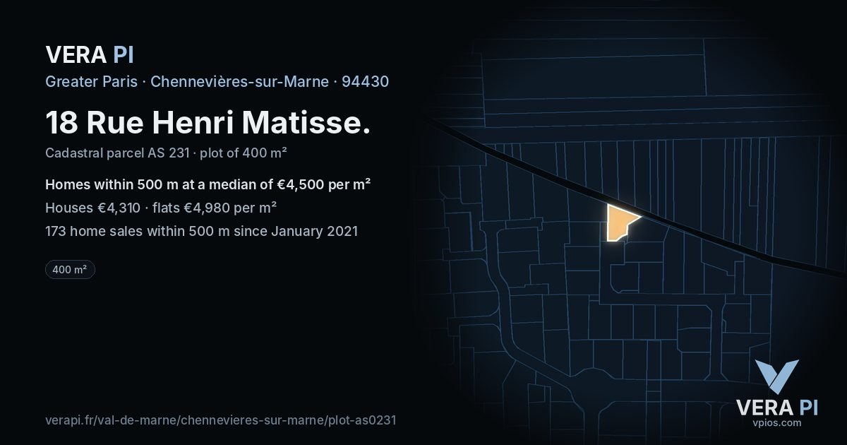18 Rue Henri Matisse, Chennevières-sur-Marne at night – the plot lit, the parcels around coloured by the prices near them
