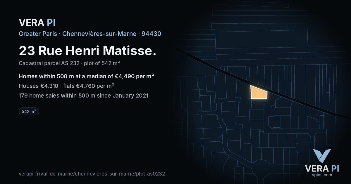 23 Rue Henri Matisse, Chennevières-sur-Marne at night – the plot lit, the parcels around coloured by the prices near them