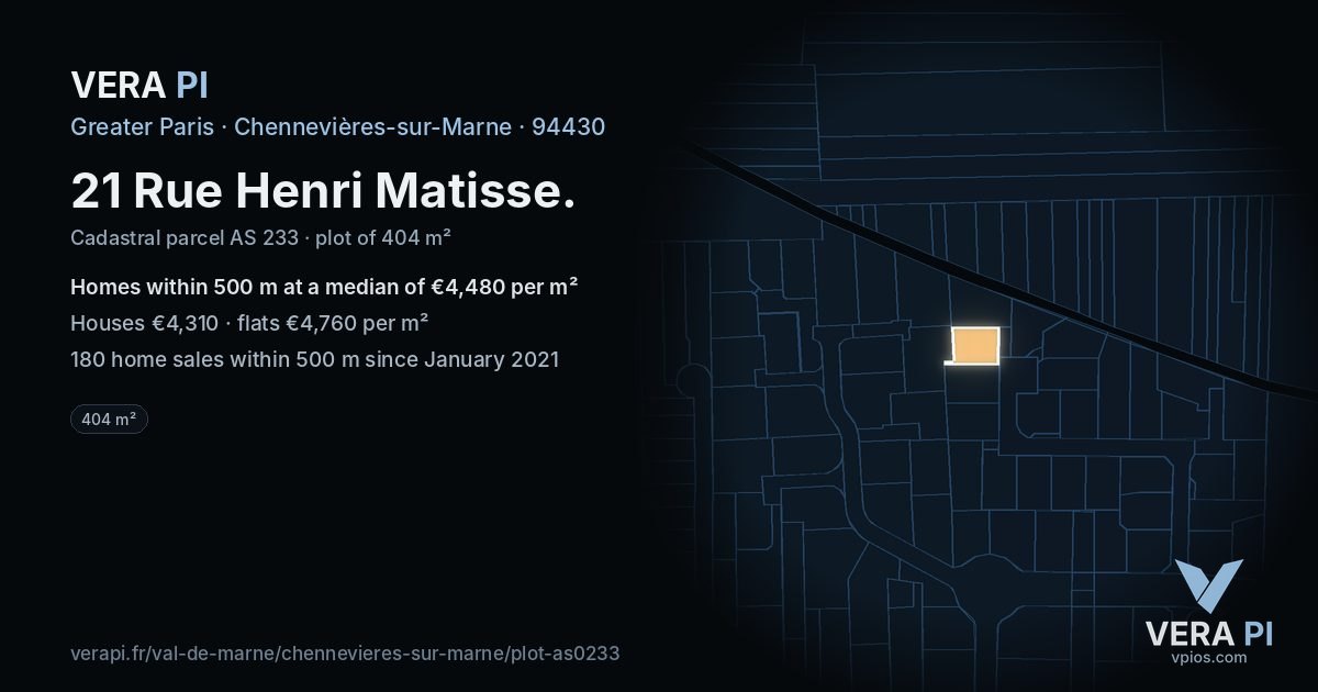 21 Rue Henri Matisse, Chennevières-sur-Marne at night – the plot lit, the parcels around coloured by the prices near them