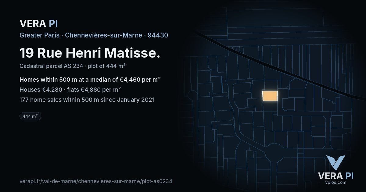 19 Rue Henri Matisse, Chennevières-sur-Marne at night – the plot lit, the parcels around coloured by the prices near them
