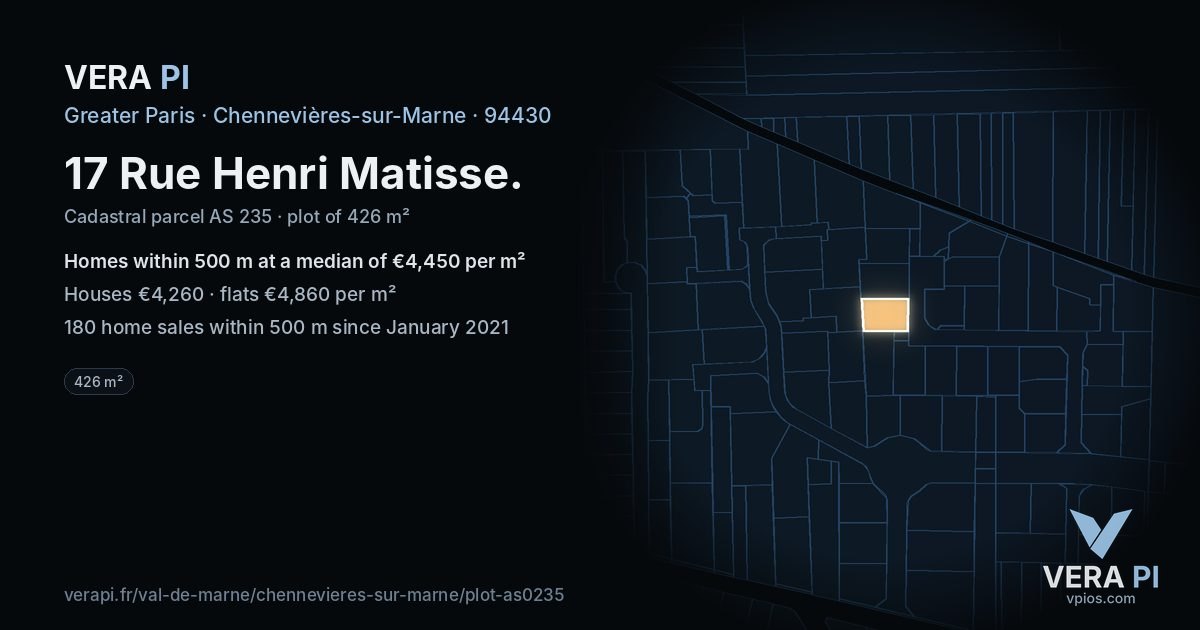 17 Rue Henri Matisse, Chennevières-sur-Marne at night – the plot lit, the parcels around coloured by the prices near them