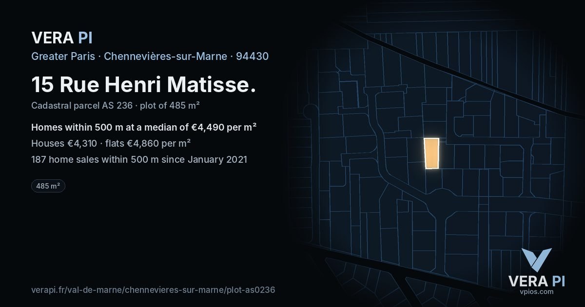 15 Rue Henri Matisse, Chennevières-sur-Marne at night – the plot lit, the parcels around coloured by the prices near them