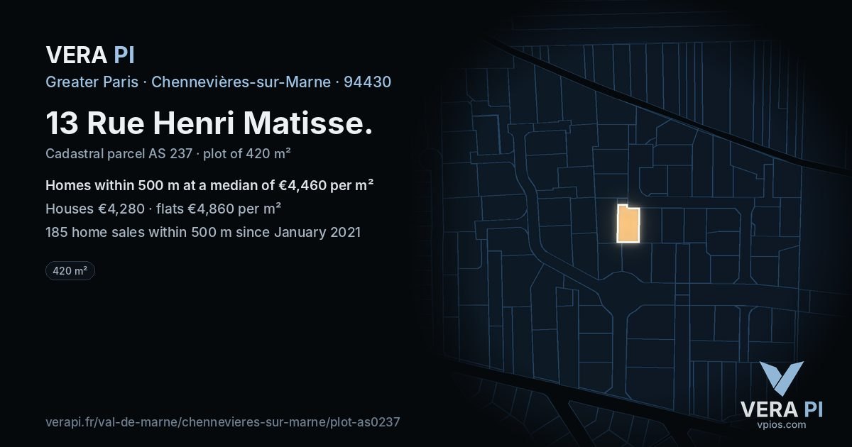 13 Rue Henri Matisse, Chennevières-sur-Marne at night – the plot lit, the parcels around coloured by the prices near them