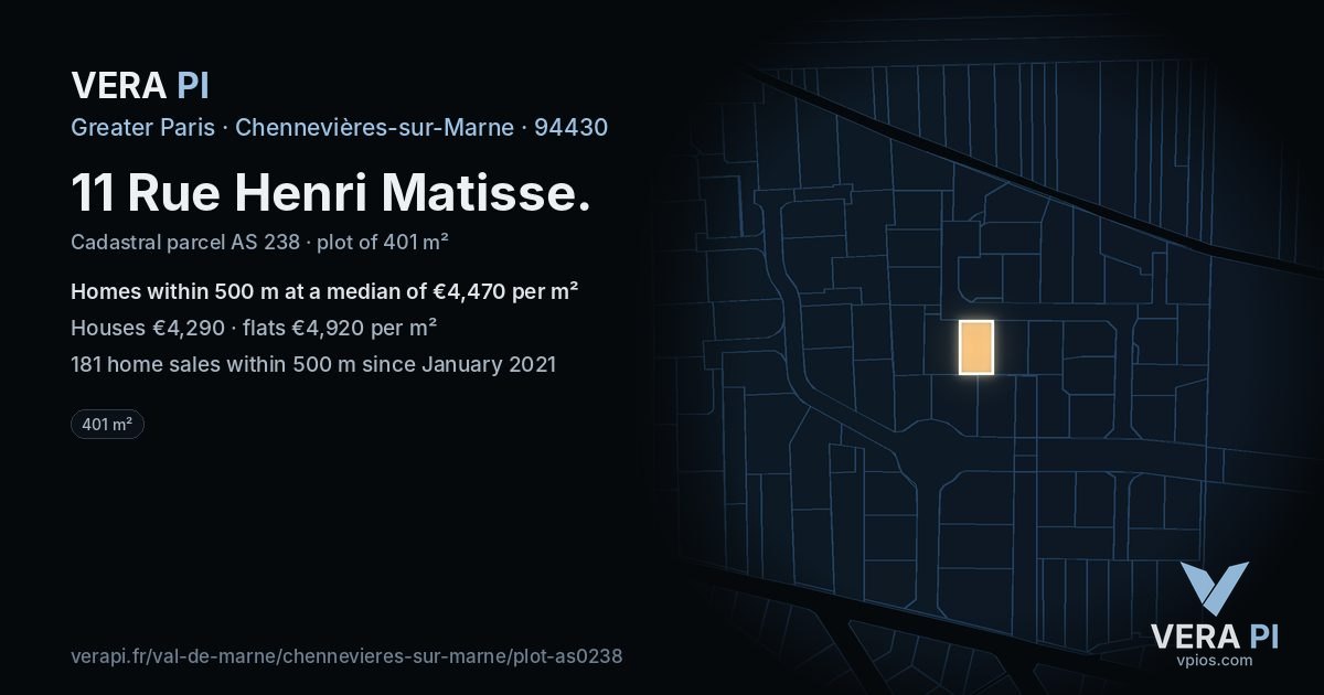 11 Rue Henri Matisse, Chennevières-sur-Marne at night – the plot lit, the parcels around coloured by the prices near them