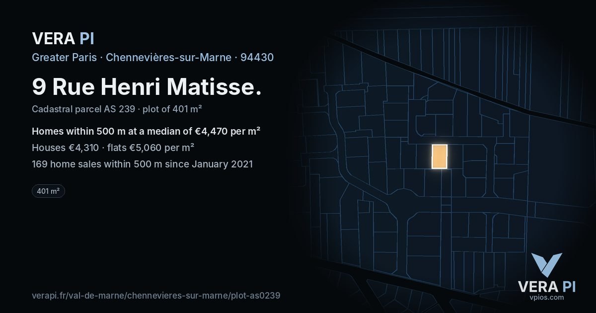 9 Rue Henri Matisse, Chennevières-sur-Marne at night – the plot lit, the parcels around coloured by the prices near them