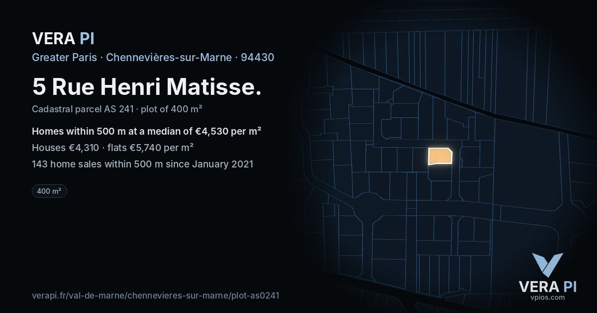 5 Rue Henri Matisse, Chennevières-sur-Marne at night – the plot lit, the parcels around coloured by the prices near them
