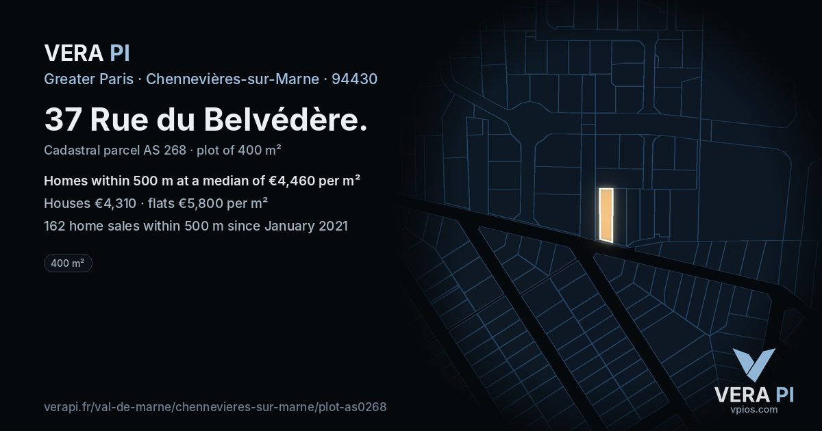 37 Rue du Belvédère, Chennevières-sur-Marne at night – the plot lit, the parcels around coloured by the prices near them