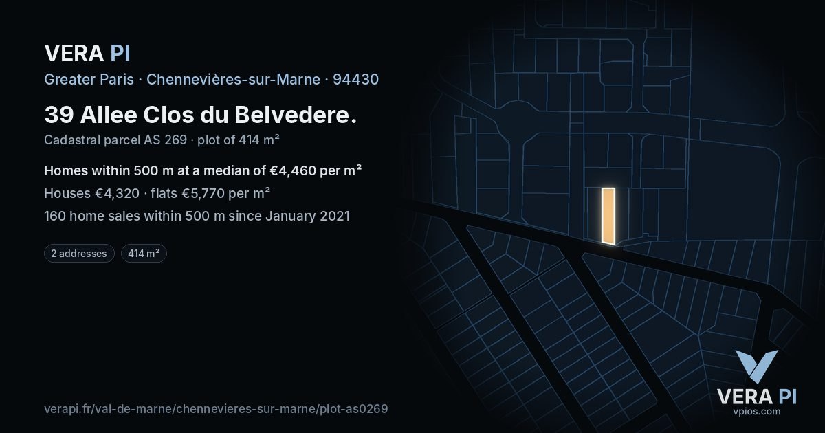 39 Allee Clos du Belvedere, Chennevières-sur-Marne at night – the plot lit, the parcels around coloured by the prices near them