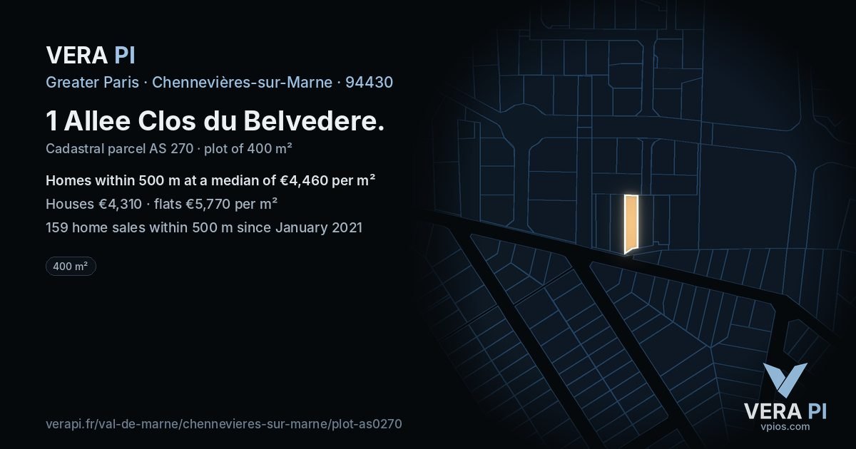 1 Allee Clos du Belvedere, Chennevières-sur-Marne at night – the plot lit, the parcels around coloured by the prices near them