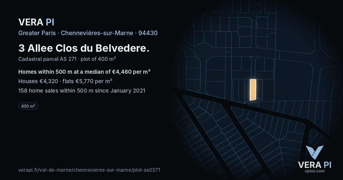 3 Allee Clos du Belvedere, Chennevières-sur-Marne at night – the plot lit, the parcels around coloured by the prices near them