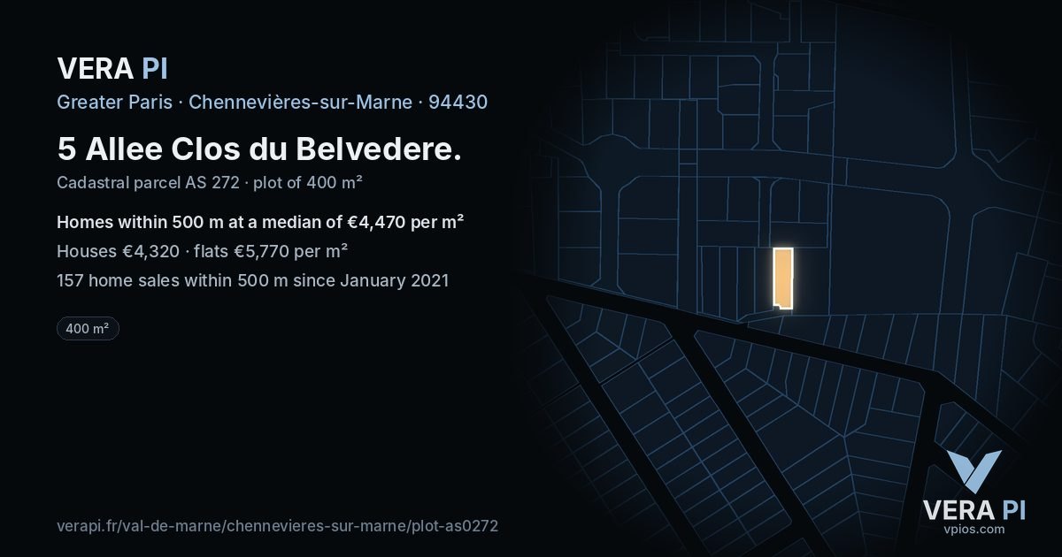 5 Allee Clos du Belvedere, Chennevières-sur-Marne at night – the plot lit, the parcels around coloured by the prices near them
