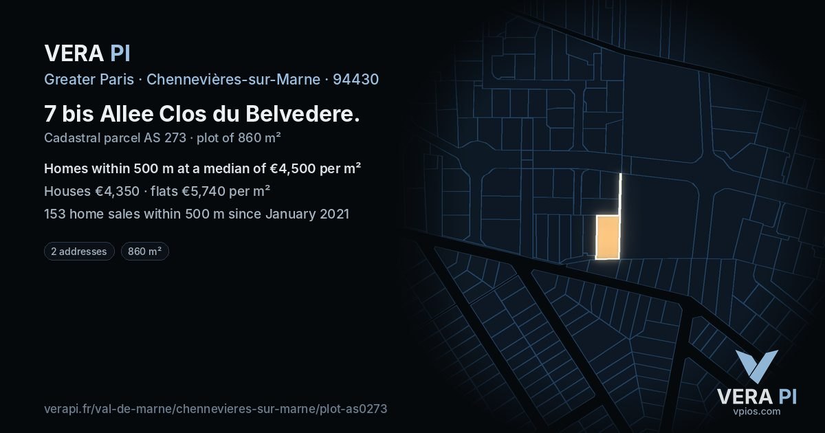 7 bis Allee Clos du Belvedere, Chennevières-sur-Marne at night – the plot lit, the parcels around coloured by the prices near them