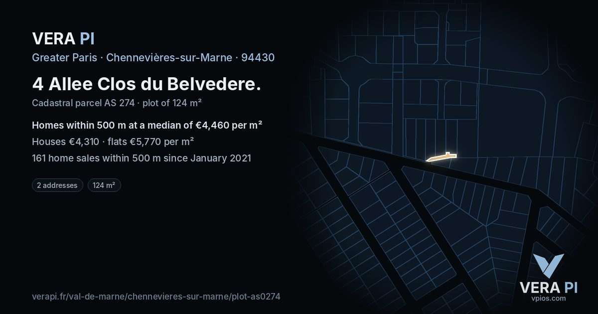 4 Allee Clos du Belvedere, Chennevières-sur-Marne at night – the plot lit, the parcels around coloured by the prices near them