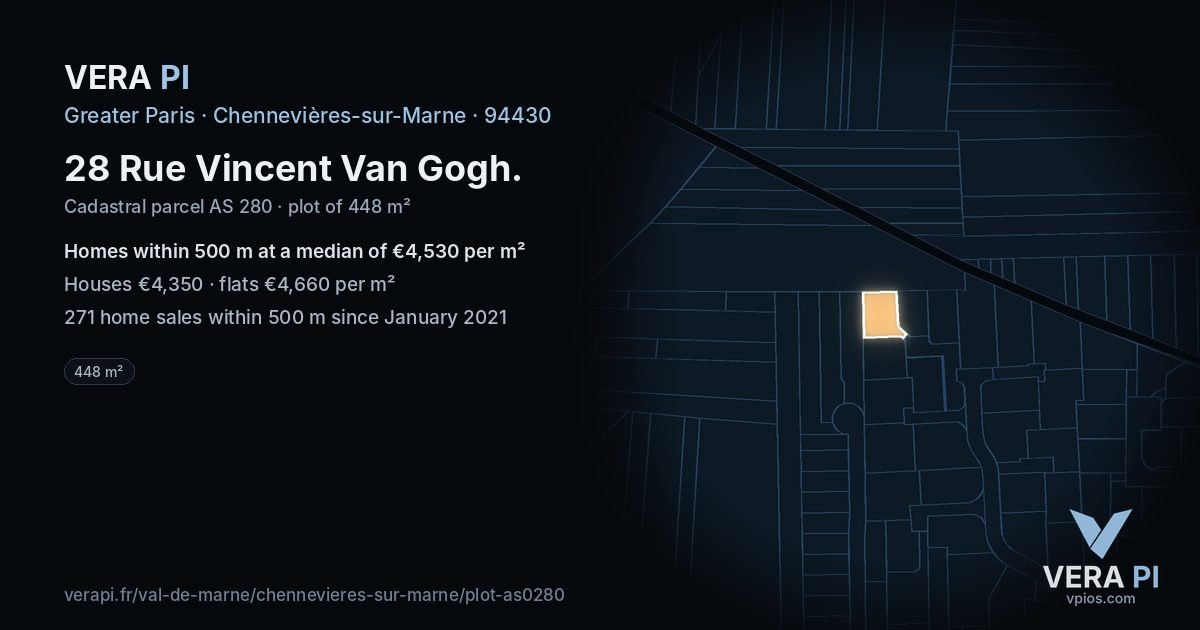28 Rue Vincent Van Gogh, Chennevières-sur-Marne at night – the plot lit, the parcels around coloured by the prices near them