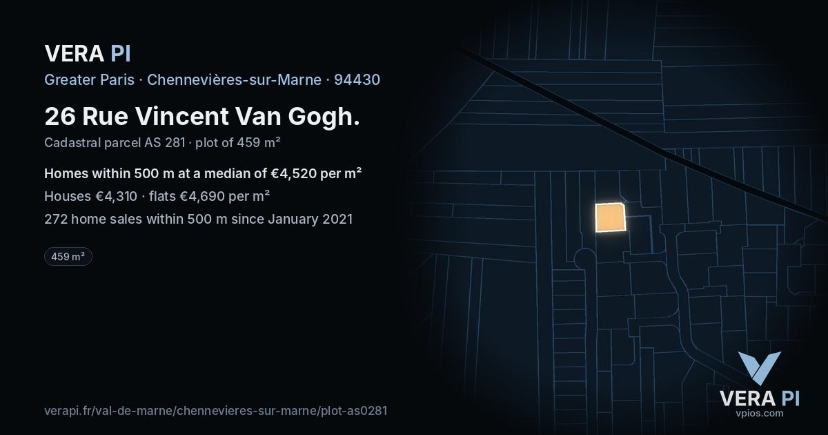 26 Rue Vincent Van Gogh, Chennevières-sur-Marne at night – the plot lit, the parcels around coloured by the prices near them