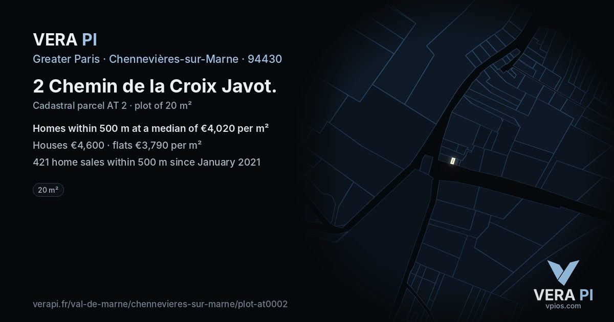 2 Chemin de la Croix Javot, Chennevières-sur-Marne at night – the plot lit, the parcels around coloured by the prices near them
