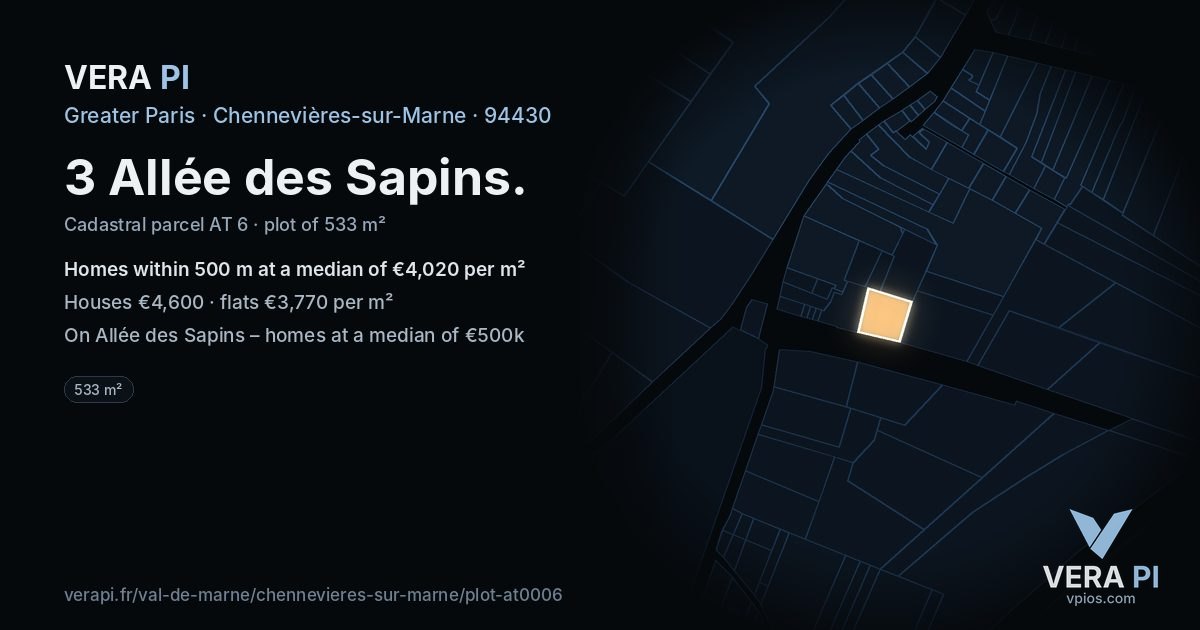 3 Allée des Sapins, Chennevières-sur-Marne at night – the plot lit, the parcels around coloured by the prices near them