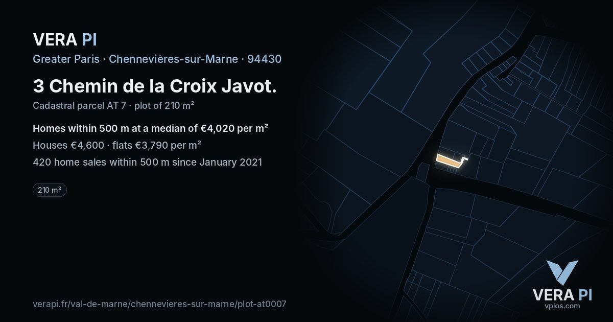 3 Chemin de la Croix Javot, Chennevières-sur-Marne at night – the plot lit, the parcels around coloured by the prices near them