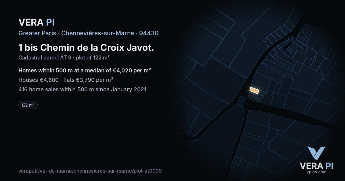 1 bis Chemin de la Croix Javot, Chennevières-sur-Marne at night – the plot lit, the parcels around coloured by the prices near them