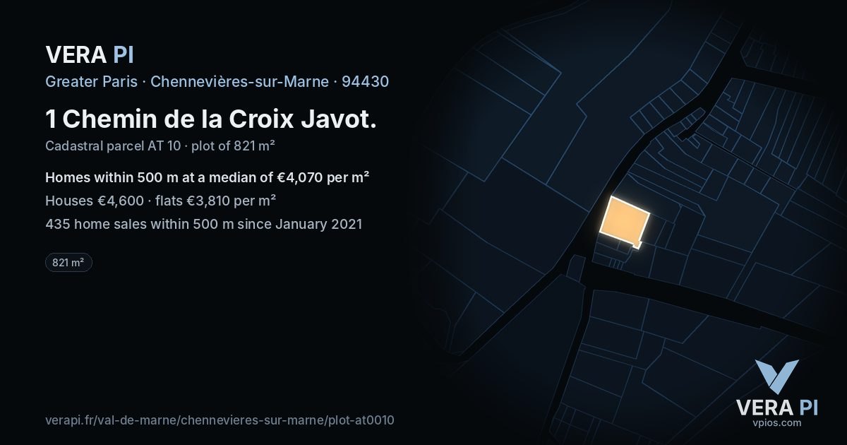 1 Chemin de la Croix Javot, Chennevières-sur-Marne at night – the plot lit, the parcels around coloured by the prices near them