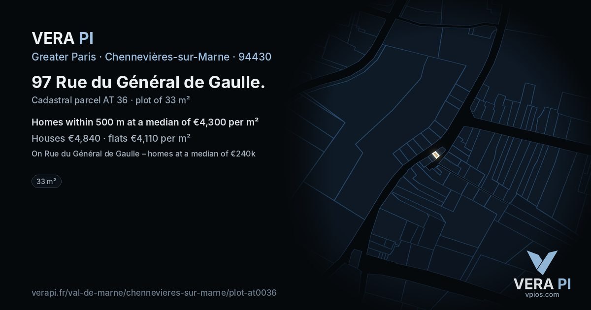 97 Rue du Général de Gaulle, Chennevières-sur-Marne at night – the plot lit, the parcels around coloured by the prices near them