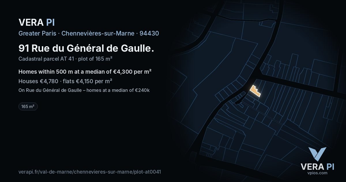 91 Rue du Général de Gaulle, Chennevières-sur-Marne at night – the plot lit, the parcels around coloured by the prices near them