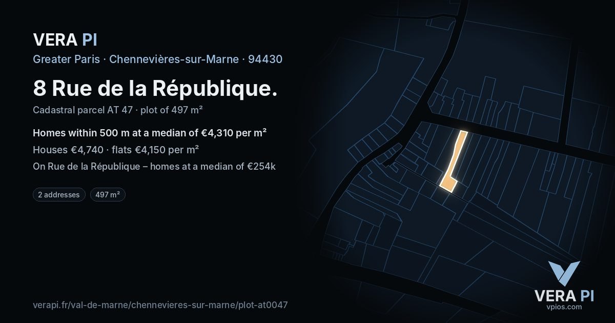 8 Rue de la République, Chennevières-sur-Marne at night – the plot lit, the parcels around coloured by the prices near them