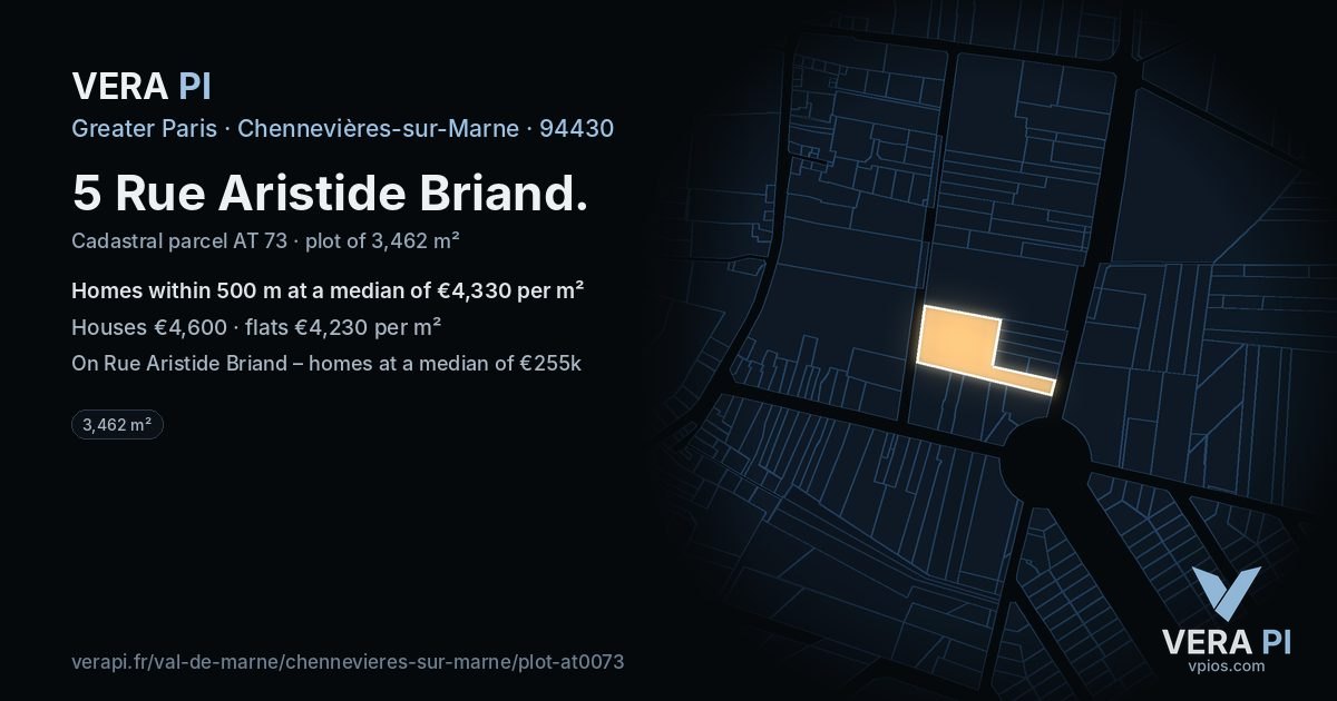 5 Rue Aristide Briand, Chennevières-sur-Marne at night – the plot lit, the parcels around coloured by the prices near them