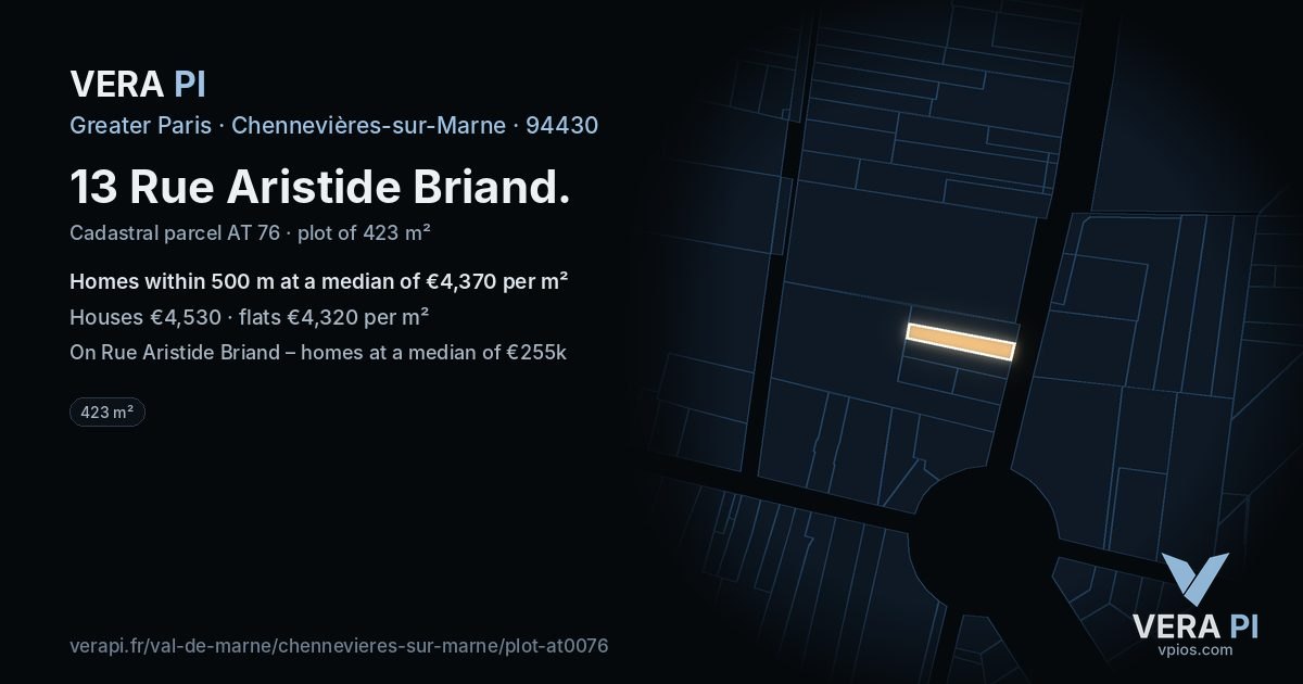 13 Rue Aristide Briand, Chennevières-sur-Marne at night – the plot lit, the parcels around coloured by the prices near them