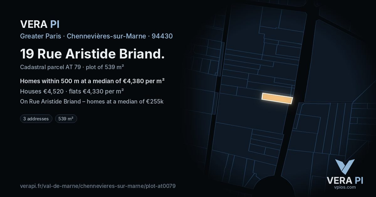 19 Rue Aristide Briand, Chennevières-sur-Marne at night – the plot lit, the parcels around coloured by the prices near them