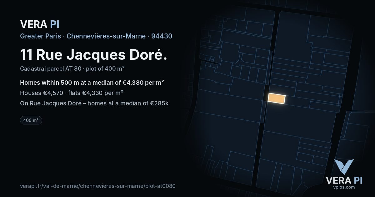 11 Rue Jacques Doré, Chennevières-sur-Marne at night – the plot lit, the parcels around coloured by the prices near them