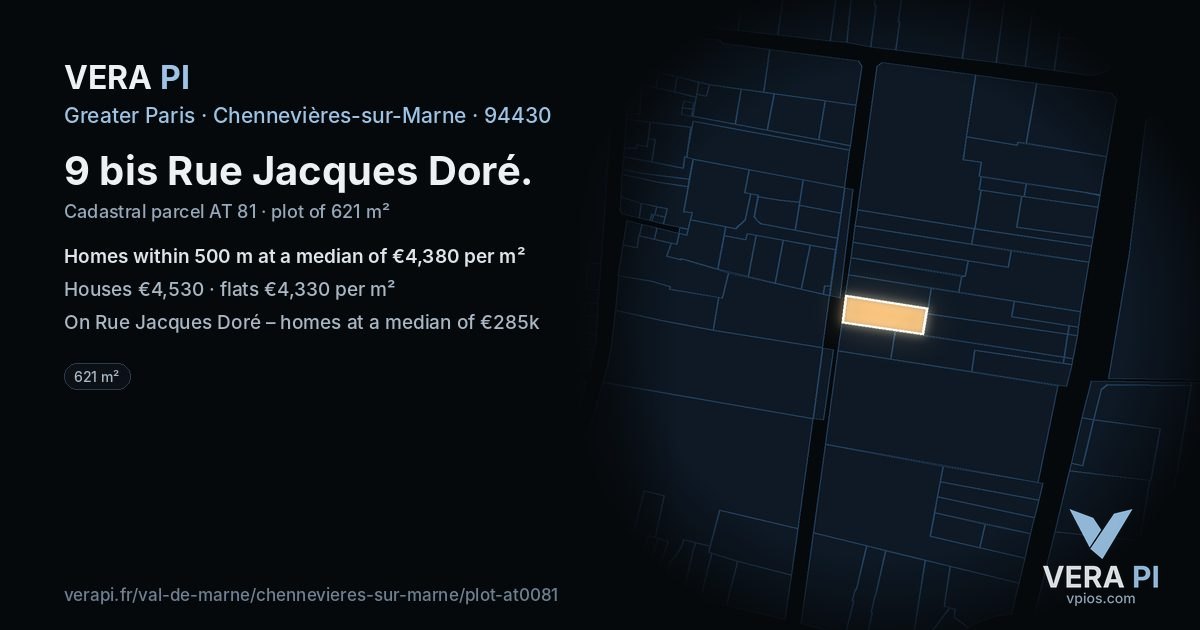9 bis Rue Jacques Doré, Chennevières-sur-Marne at night – the plot lit, the parcels around coloured by the prices near them