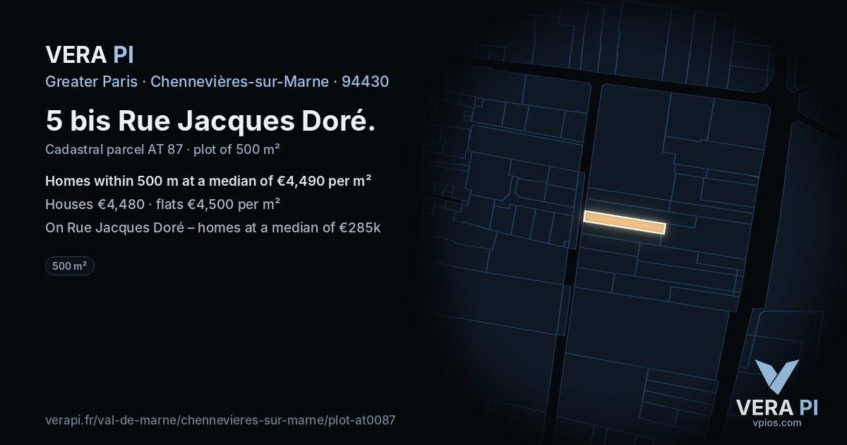 5 bis Rue Jacques Doré, Chennevières-sur-Marne at night – the plot lit, the parcels around coloured by the prices near them