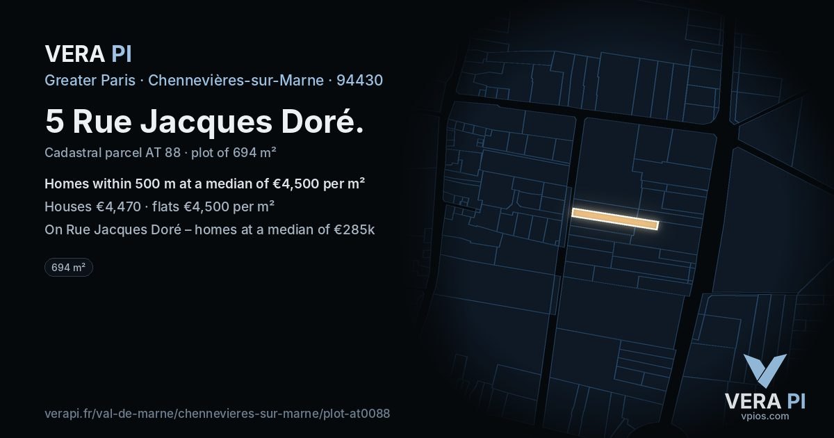 5 Rue Jacques Doré, Chennevières-sur-Marne at night – the plot lit, the parcels around coloured by the prices near them