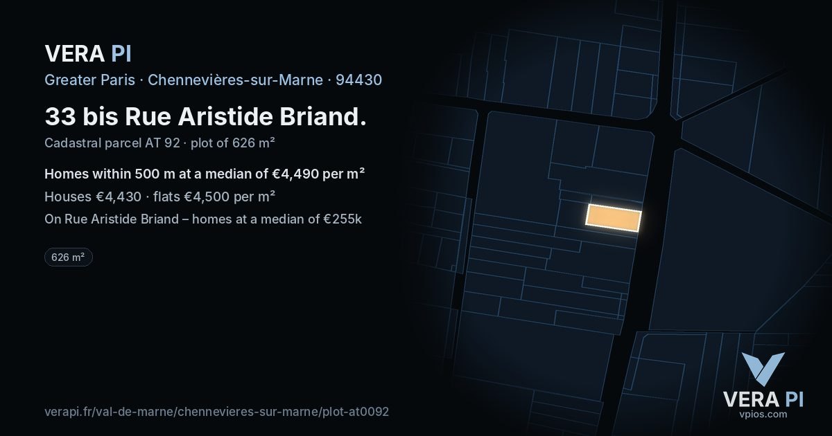 33 bis Rue Aristide Briand, Chennevières-sur-Marne at night – the plot lit, the parcels around coloured by the prices near them