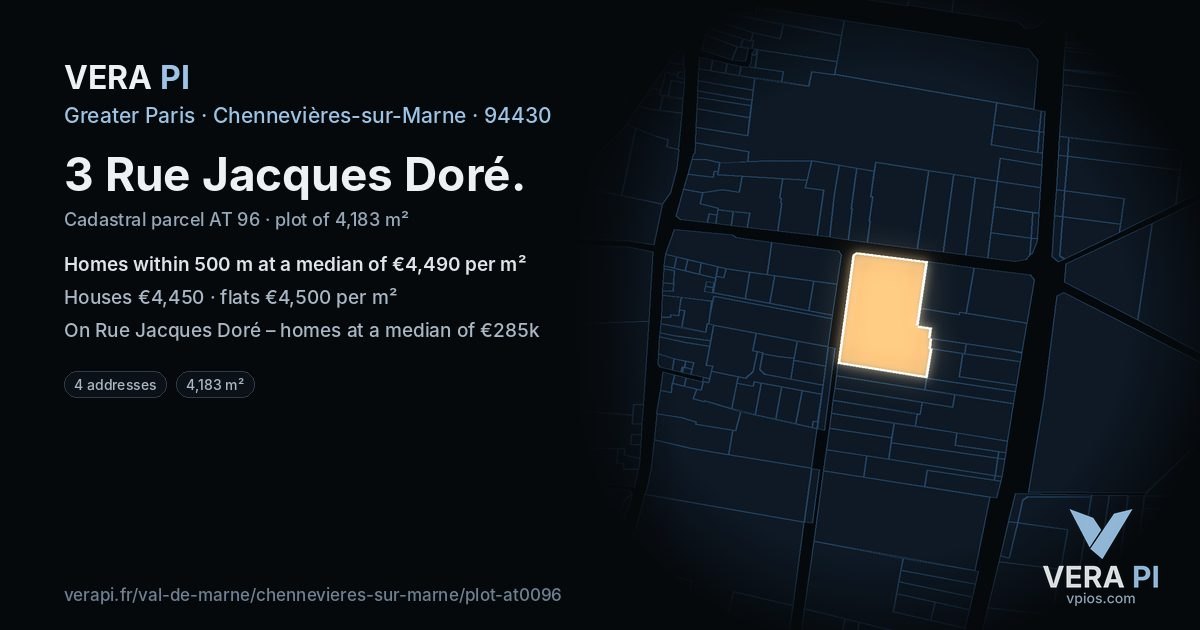 3 Rue Jacques Doré, Chennevières-sur-Marne at night – the plot lit, the parcels around coloured by the prices near them