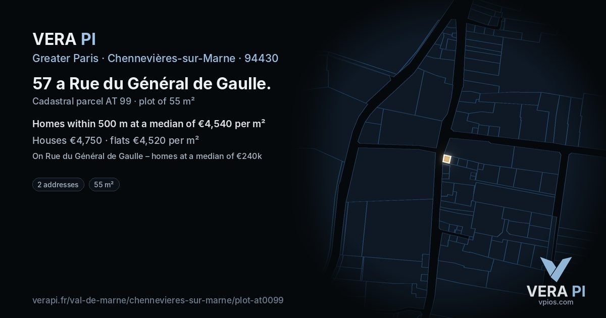 57 a Rue du Général de Gaulle, Chennevières-sur-Marne at night – the plot lit, the parcels around coloured by the prices near them