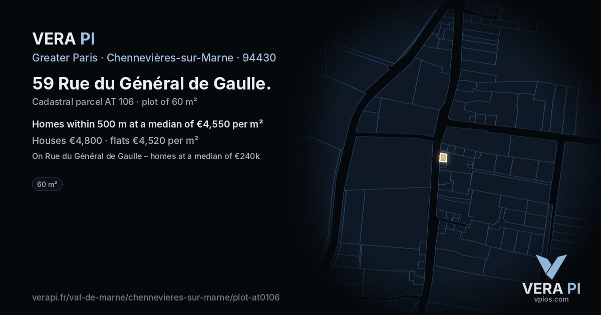 59 Rue du Général de Gaulle, Chennevières-sur-Marne at night – the plot lit, the parcels around coloured by the prices near them