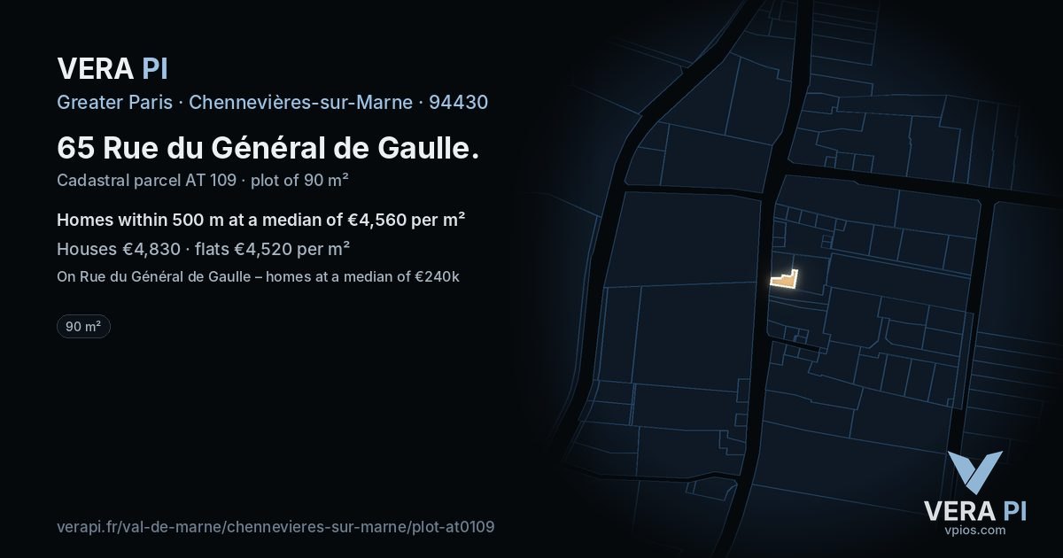 65 Rue du Général de Gaulle, Chennevières-sur-Marne at night – the plot lit, the parcels around coloured by the prices near them