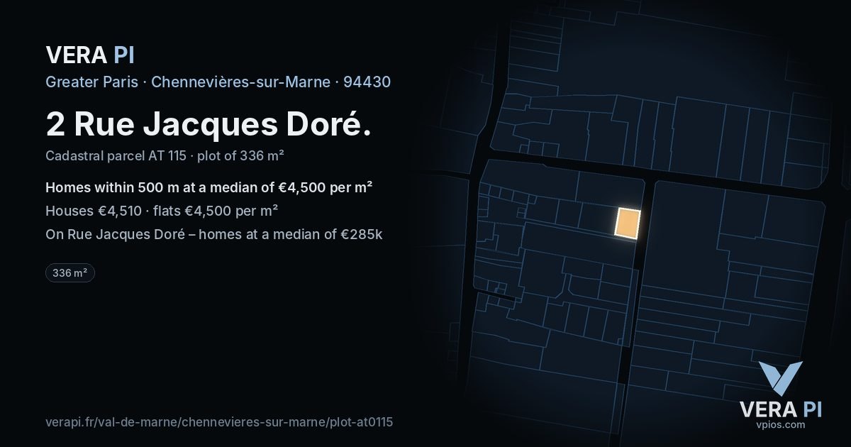 2 Rue Jacques Doré, Chennevières-sur-Marne at night – the plot lit, the parcels around coloured by the prices near them