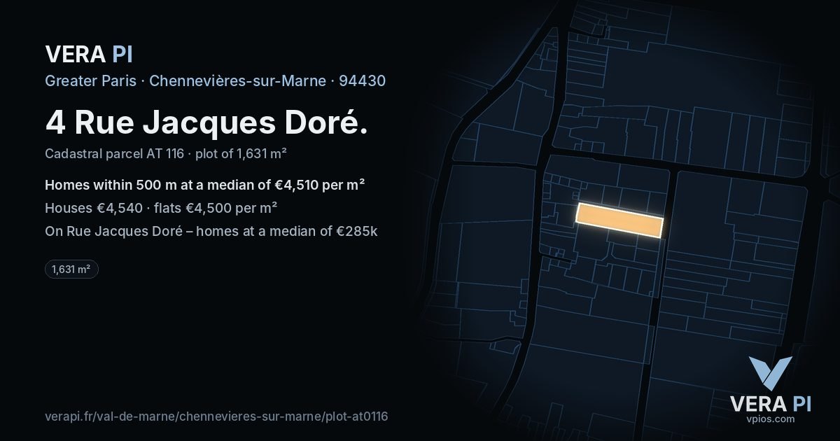 4 Rue Jacques Doré, Chennevières-sur-Marne at night – the plot lit, the parcels around coloured by the prices near them