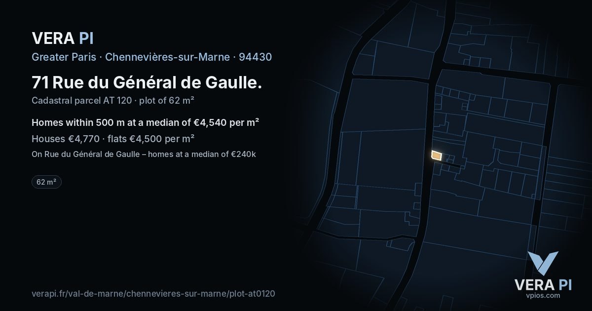 71 Rue du Général de Gaulle, Chennevières-sur-Marne at night – the plot lit, the parcels around coloured by the prices near them