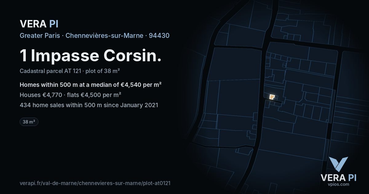1 Impasse Corsin, Chennevières-sur-Marne at night – the plot lit, the parcels around coloured by the prices near them
