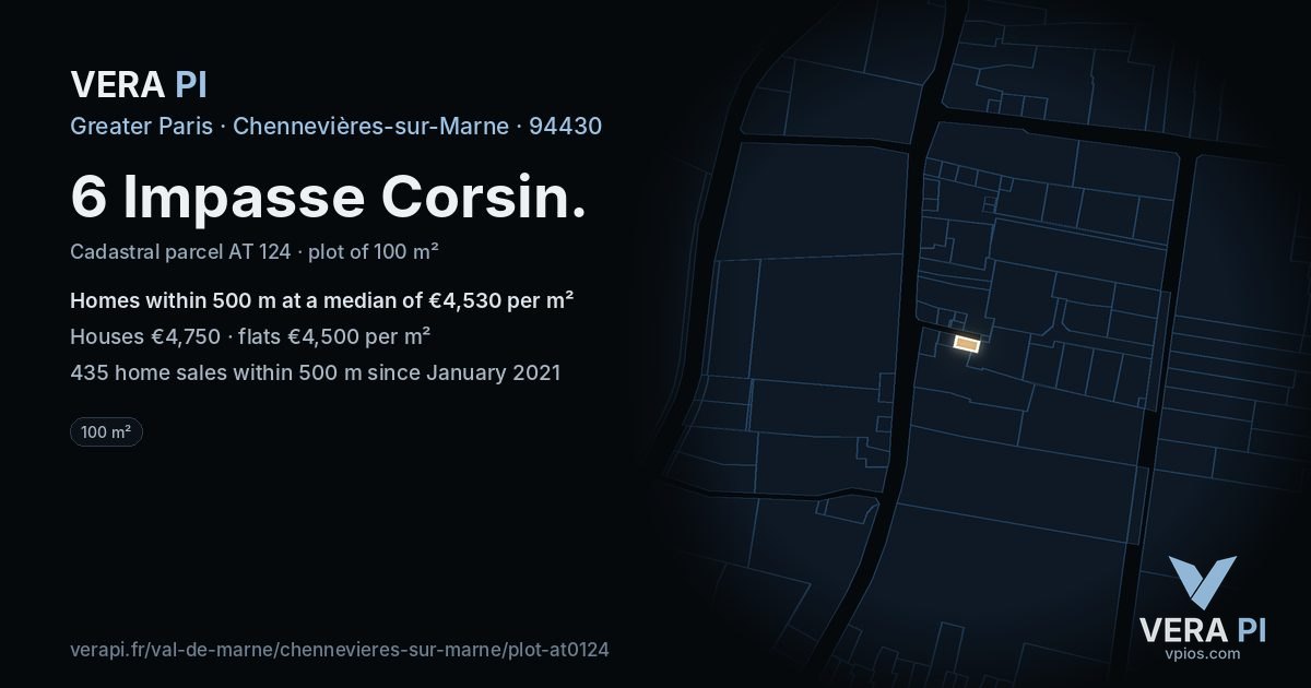 6 Impasse Corsin, Chennevières-sur-Marne at night – the plot lit, the parcels around coloured by the prices near them