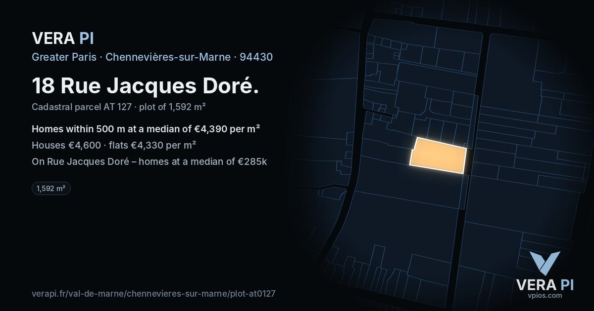 18 Rue Jacques Doré, Chennevières-sur-Marne at night – the plot lit, the parcels around coloured by the prices near them
