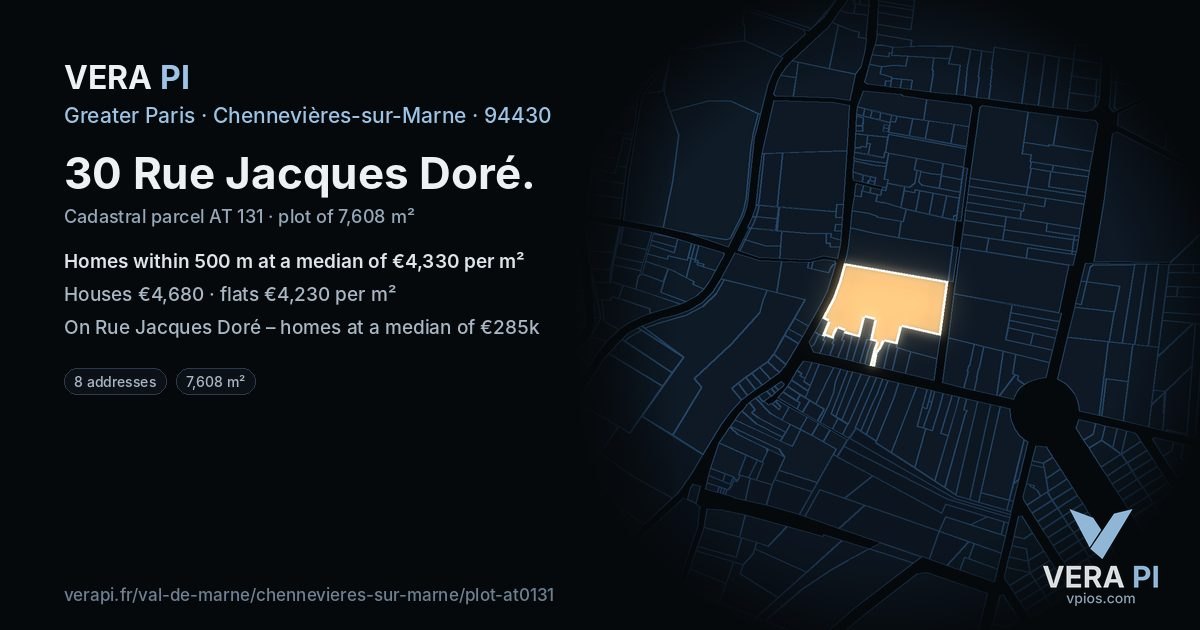 30 Rue Jacques Doré, Chennevières-sur-Marne at night – the plot lit, the parcels around coloured by the prices near them